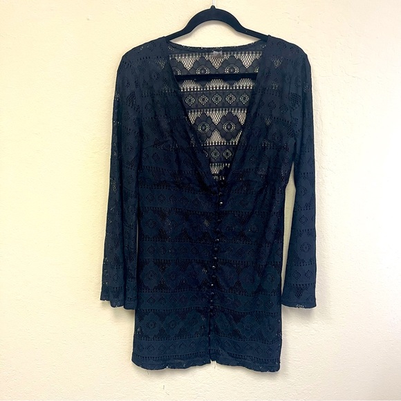 Lulus Black Boho Crochet Lace Sheer Swim Dress Coverup Sz Medium  Button Front - Picture 2 of 9